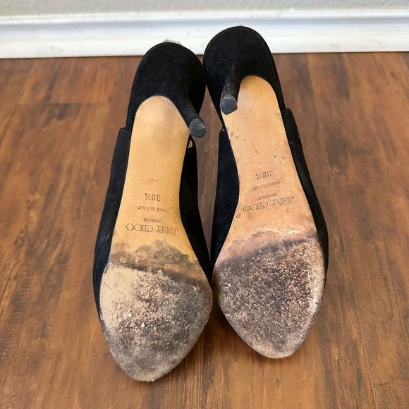 JIMMY CHOO LONDON Black Suede Nova Slingback Sandals Peep Toe - Picture 9 of 11